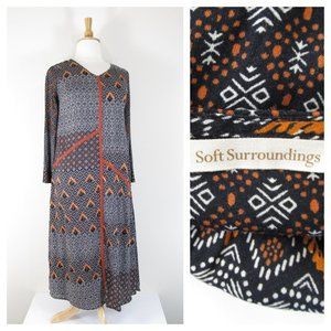 Soft Surroundings Brown Black Tribal Beaded Boho Patchwork Maxi Dress LP